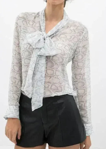 Tie Neck Sheer Blouse In Ivory Silver | FEMSTYLO