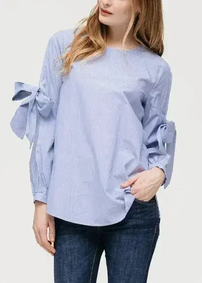Women's Tie Sleeve Poplin Crewneck Blouse | Femstylo