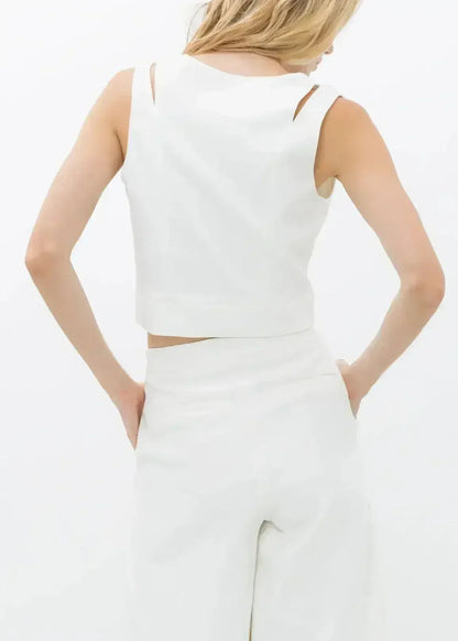White V-Neck Sleeveless Crop Top - Keyhole & Zipper Detail