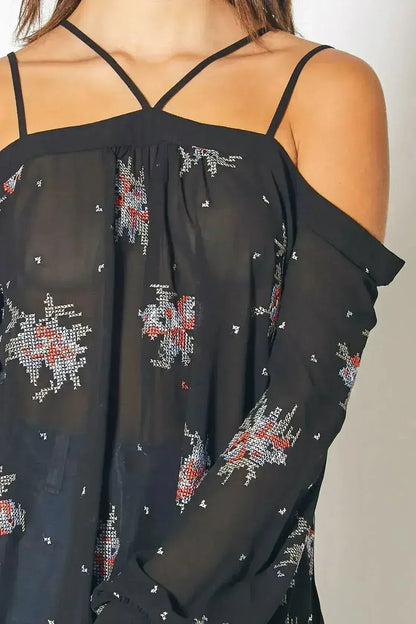 Off Shoulder Embroidery Print Blouse in Black | Femstylo