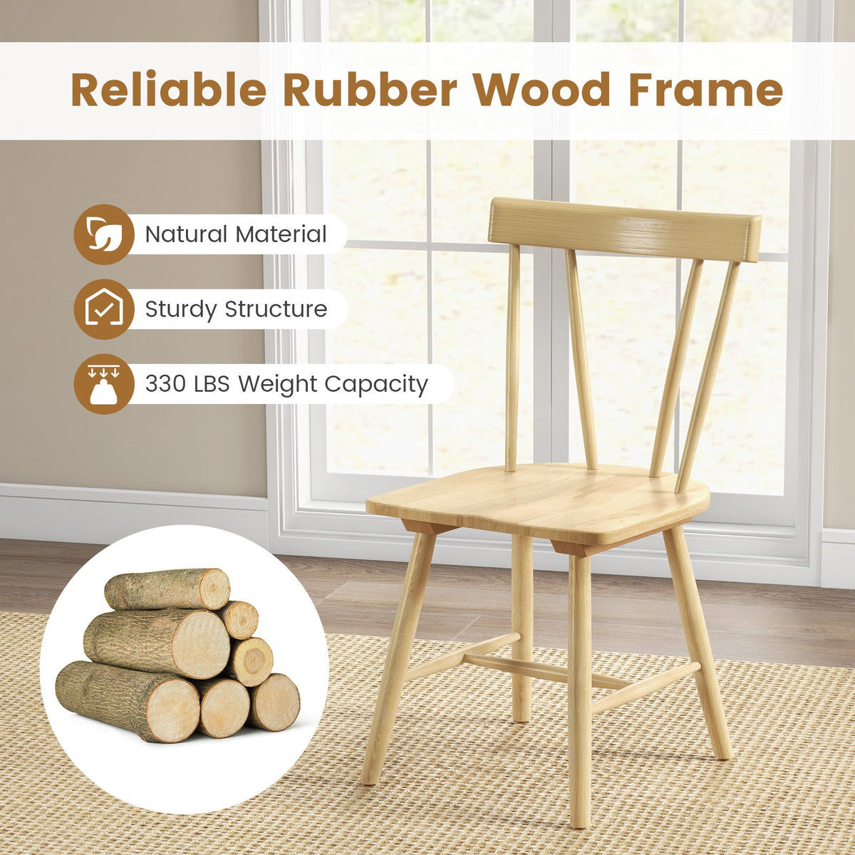 Windsor Style Armless Chairs with Solid Rubber Wood Frame