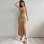 Backless Bandage Slit Dress Knitted Fabric Solid Color Strap Long Dress