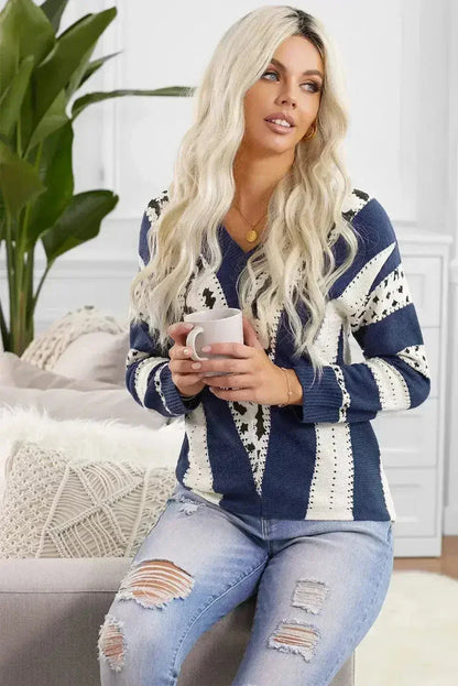Blue Animal Print Sweater - Leopard Accent V-Neck Knit Top | Femstylo