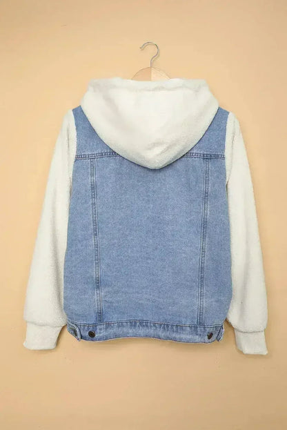 Sky Blue Sherpa Denim Jacket - Button-Up Patchwork Coat | Femstylo