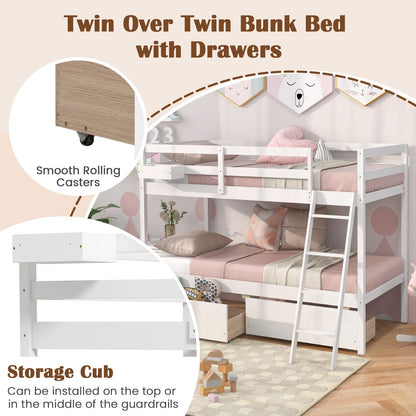 Twin Over Twin Bunk Bed Wood Bed Frame with 2 Storage Drawers and Ladder