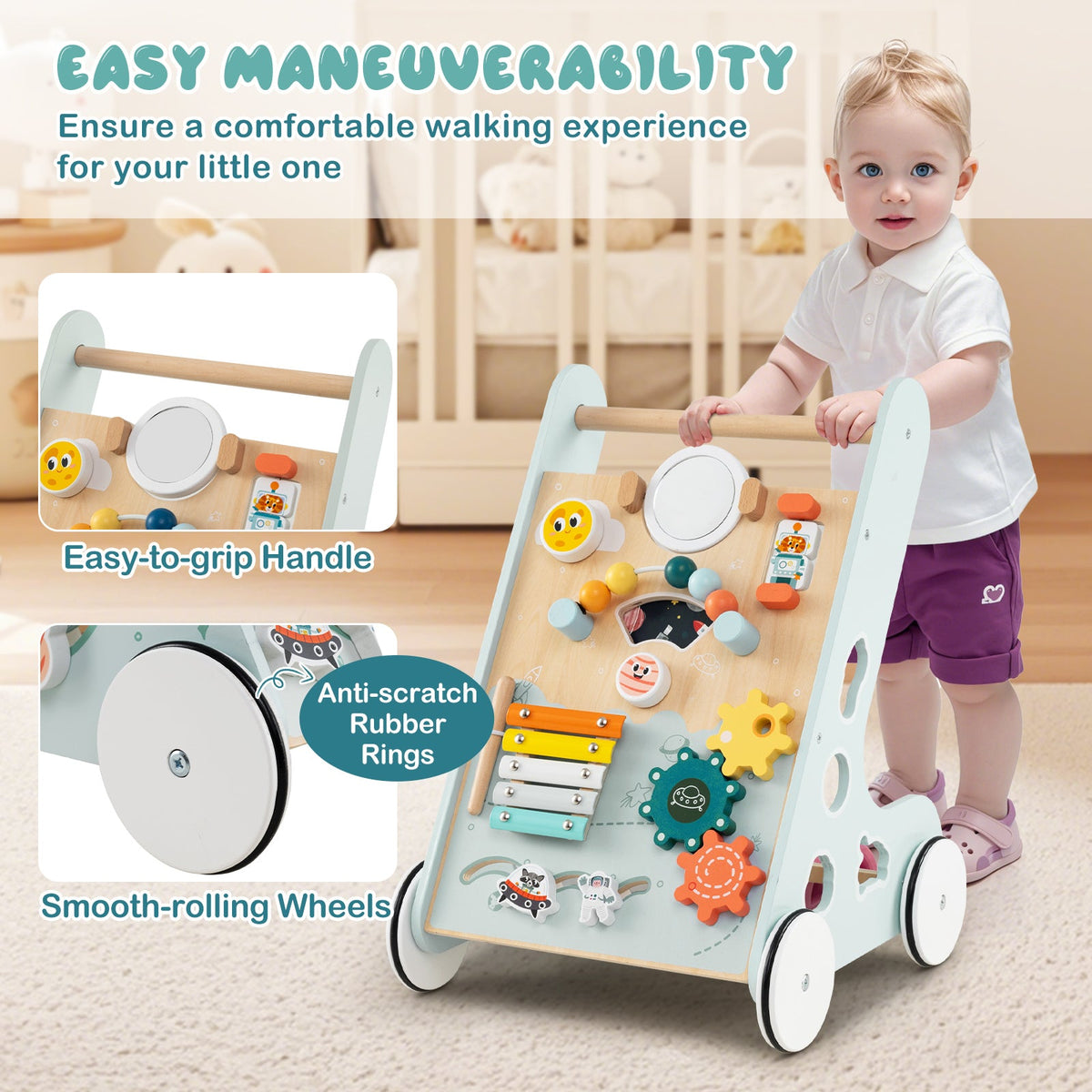 Wooden Baby Walker Push and Pull Learning Activity Center with Wheels for Toddlers 1+ Years Old-Green