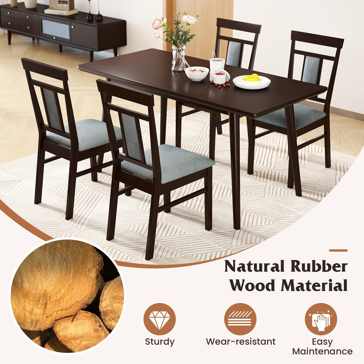 Wooden Dining Chair Set of 2 Linen Fabric Upholstered Kitchen Chairs with Rubber Wood Frame