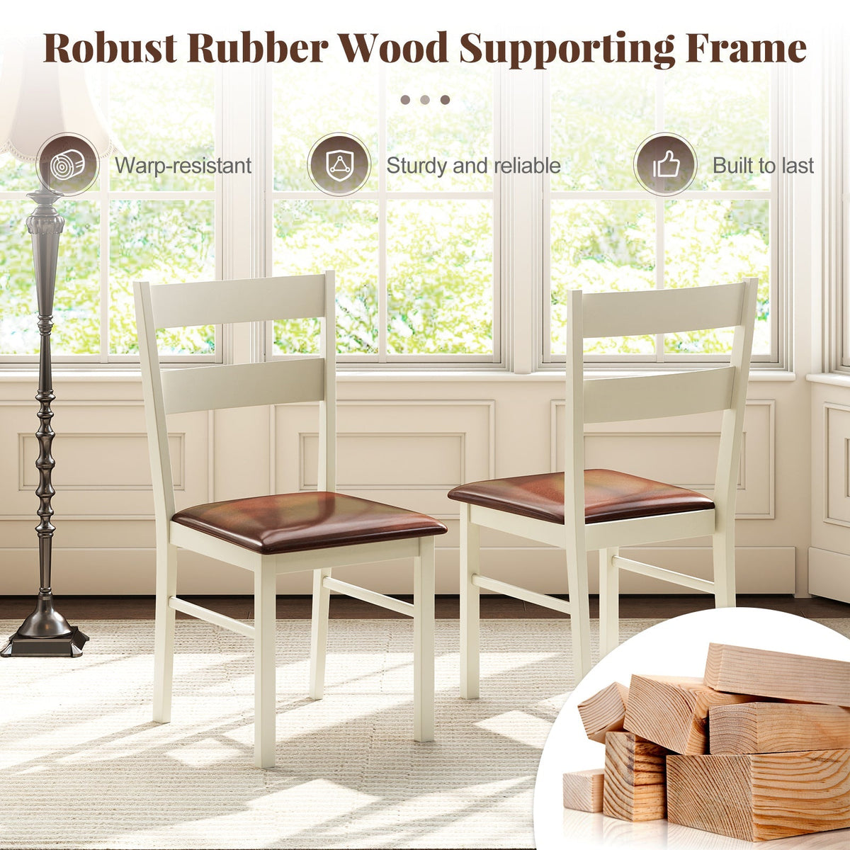 Wooden Dining Chair Set of 2 PU Leather Upholstered Kitchen Armless Chairs-White