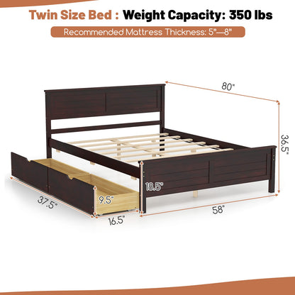 Full Size Bed Frame with Storage Drawers and Solid Wood Headboard