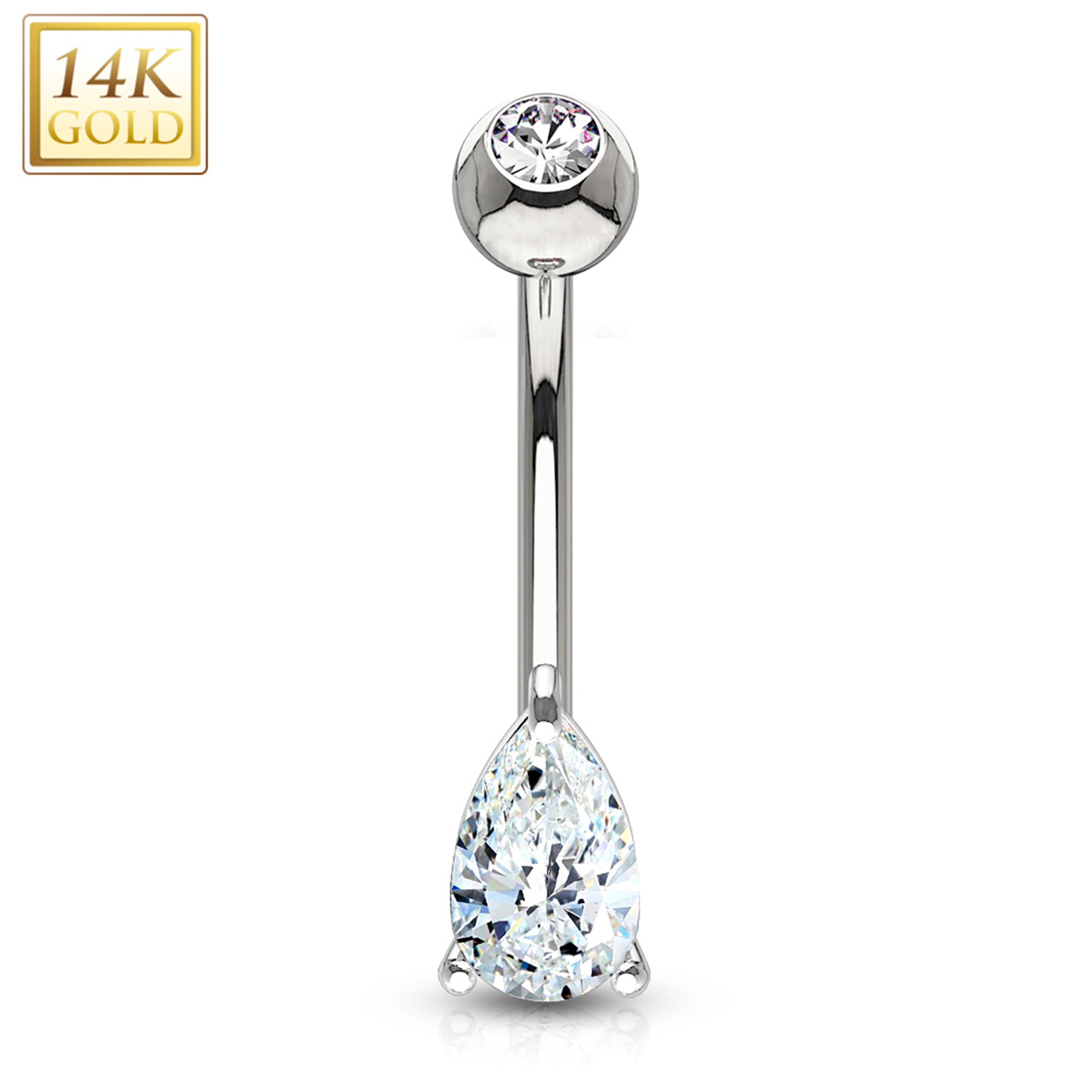 14k Solid White Gold 6mm CZ Deluxe Tear Drop Belly Ring