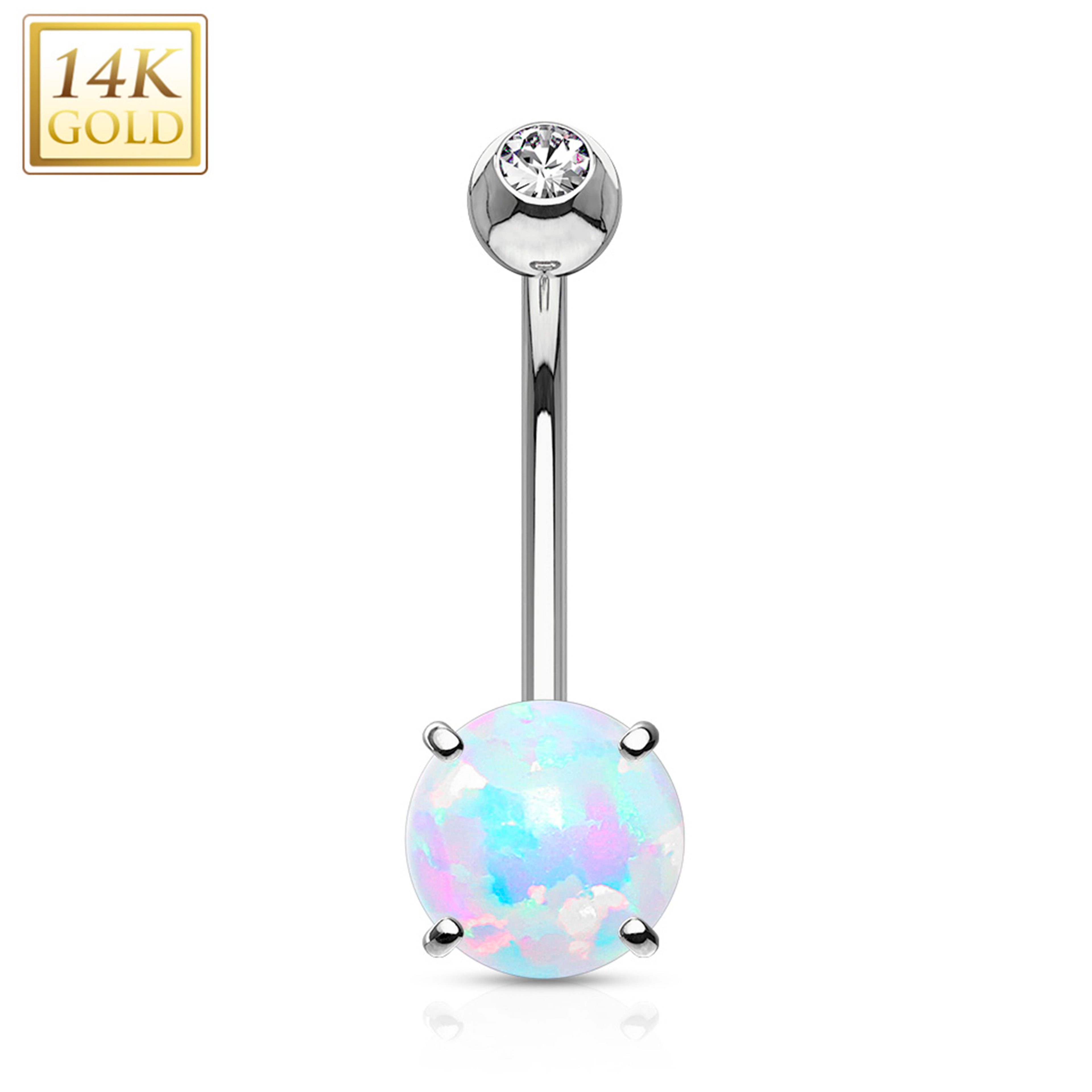 14k Solid White Gold Regal CZ 8mm Synthetic Opal Belly Ring