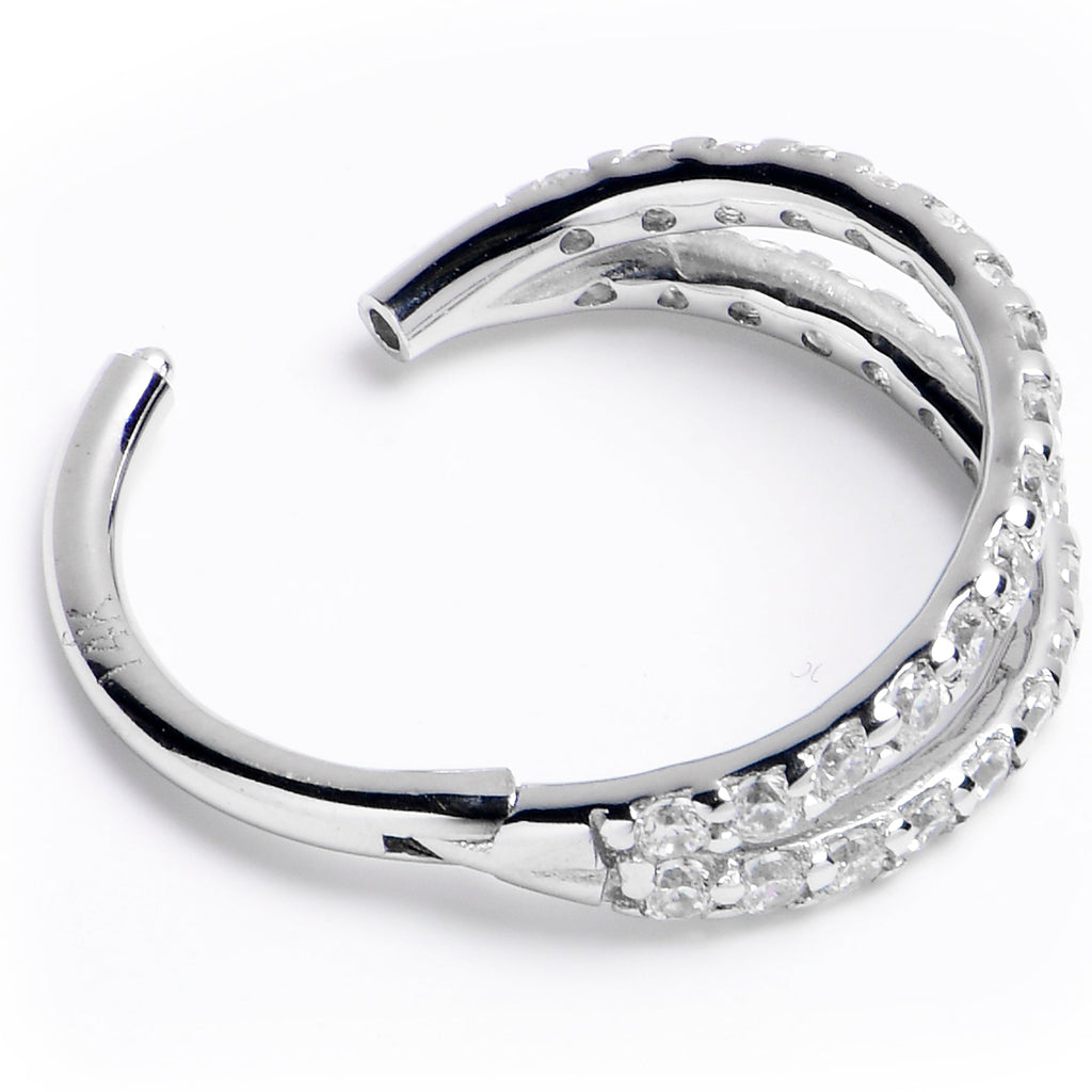 16G 3/8 Solid 14K White Gold Clear CZ Gem Hinged Segment Ring
