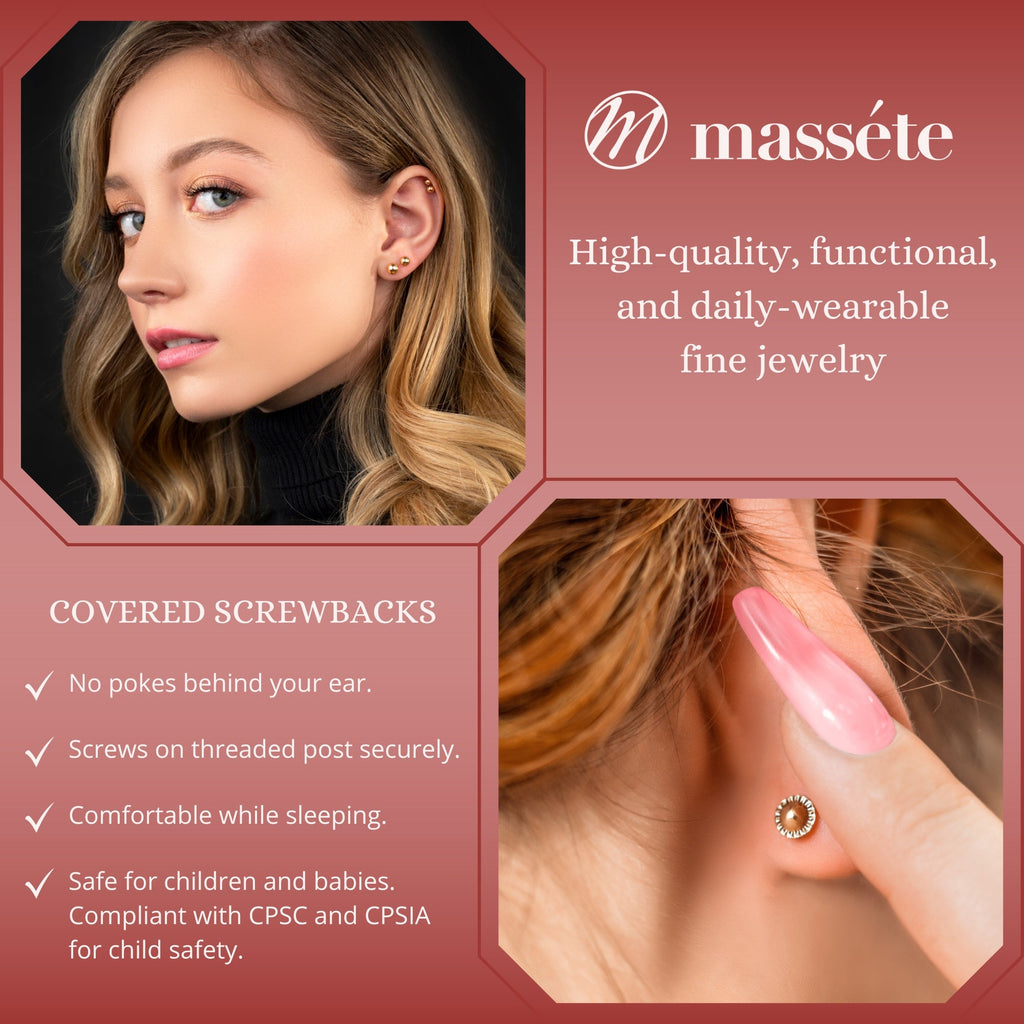 14k Solid Gold Ball Earrings with Flat Covered Back Screwback Shiny Sphere Earring Studs 3mm 4mm 5mm