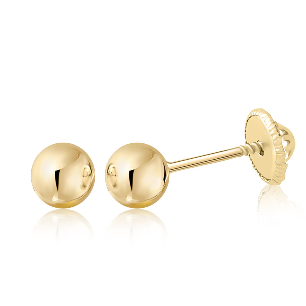 14k Solid Gold Ball Earrings with Flat Covered Back Screwback Shiny Sphere Earring Studs 3mm 4mm 5mm