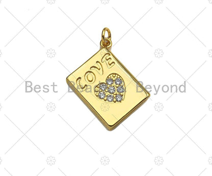 CZ Micro Pave Love Heart On Rectangle Shape Pendant/Charm,18K Dainty Gold Medallion Charm, Necklace Bracelet Charm,17x20mm, Sku#LK254