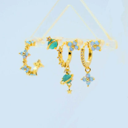 Multi Sets of Blue Flower Pierced Earrings, 4-6pcs, 18k Gold Plated Stud Drop Hoop Huggie Cuff Chain, S925 Needle