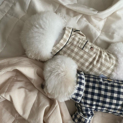 Korea Plaid Khaki Blue Pocket Pajamas For Dogs