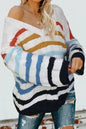 Colorful Striped Knit Sweater - Braided V-Neck Pullover with Puffy Sleeves | Femstylo