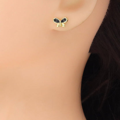 Black CZ Gold Butterfly Stud Earrings, Sku#LK1011
