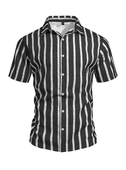 Men's Plus-Size Light Mature Lapel Striped Short-Sleeve Shirt