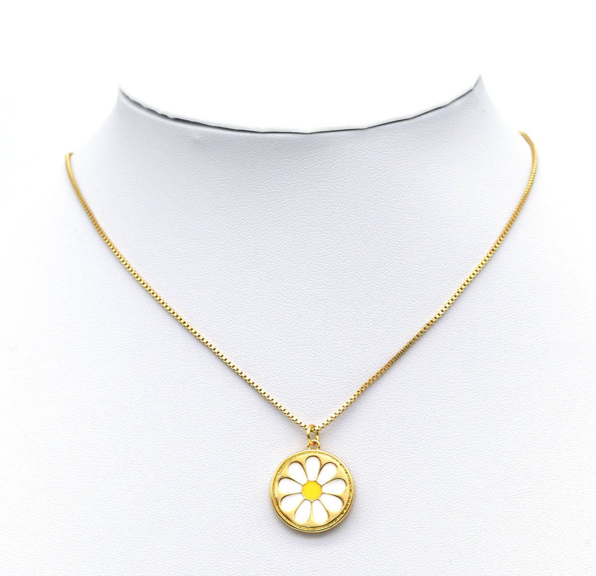 White Enamel Daisy Flower On Round Coin Pendant, Sku#L648