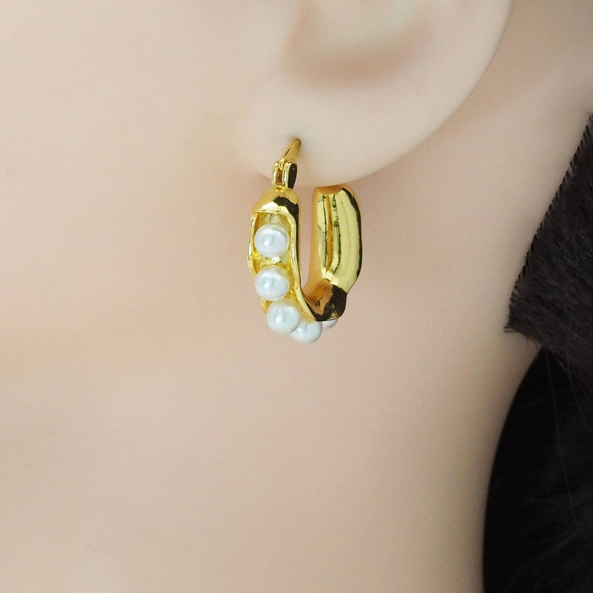 Gold Silver White Pearl Oval Hoop Earrings, Sku#A130