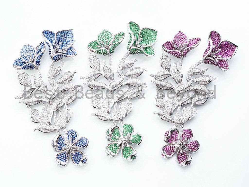Large CZ Pave Cobalt/Green/Fuchsia Flower Pendant, sku#L170