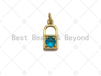 18k Shiny Gold Colorful Gem Pave PadLock Pendant, Gold Red Green Blue Pink Purple Lock Pave Pendant, 7x16mm, Sku#LK26