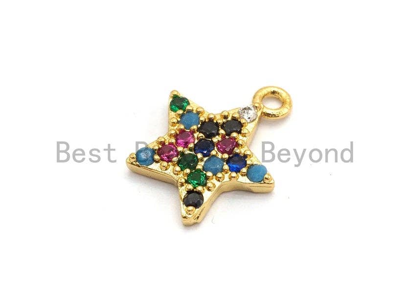 Multi-Color CZ Micro Pave Five Star Pendant, Star Shaped Pave Charm Pendant, Gold plated, 13x11mm, Sku#B109