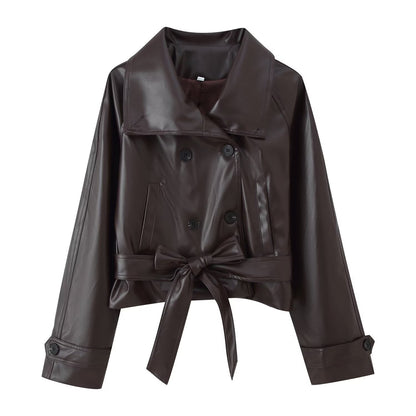 Trendy Wild Two-color Double Breasted Short Lace Up Leather Coat