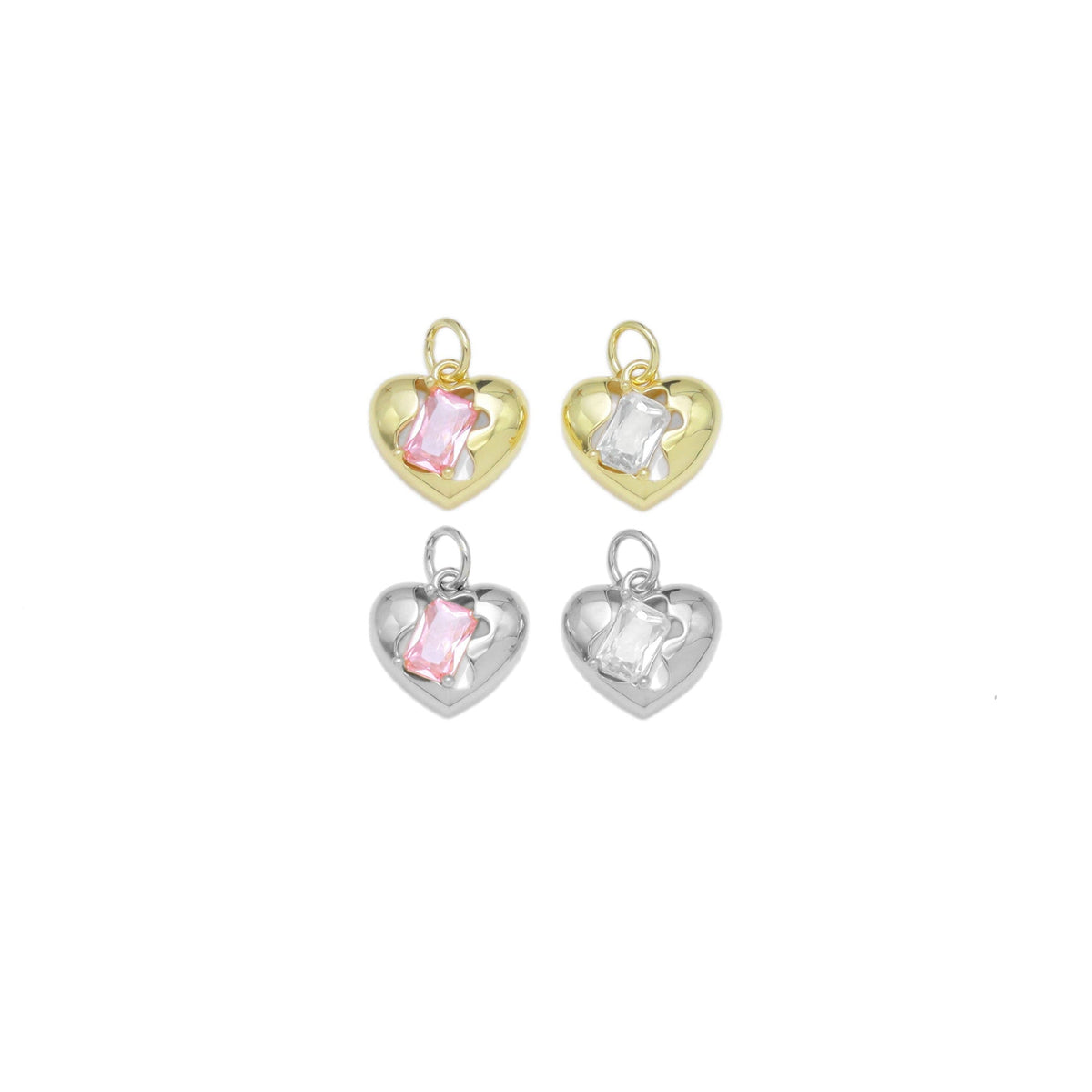Gold Silver Rectangle Clear Pink CZ Heart Shape Charm, Sku#A165