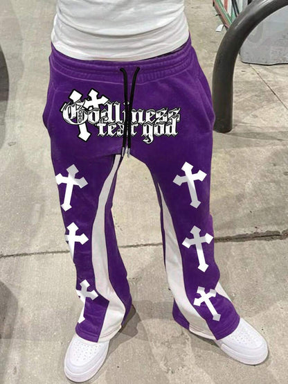 Retro Letter Print Mens Loose Casual Pants