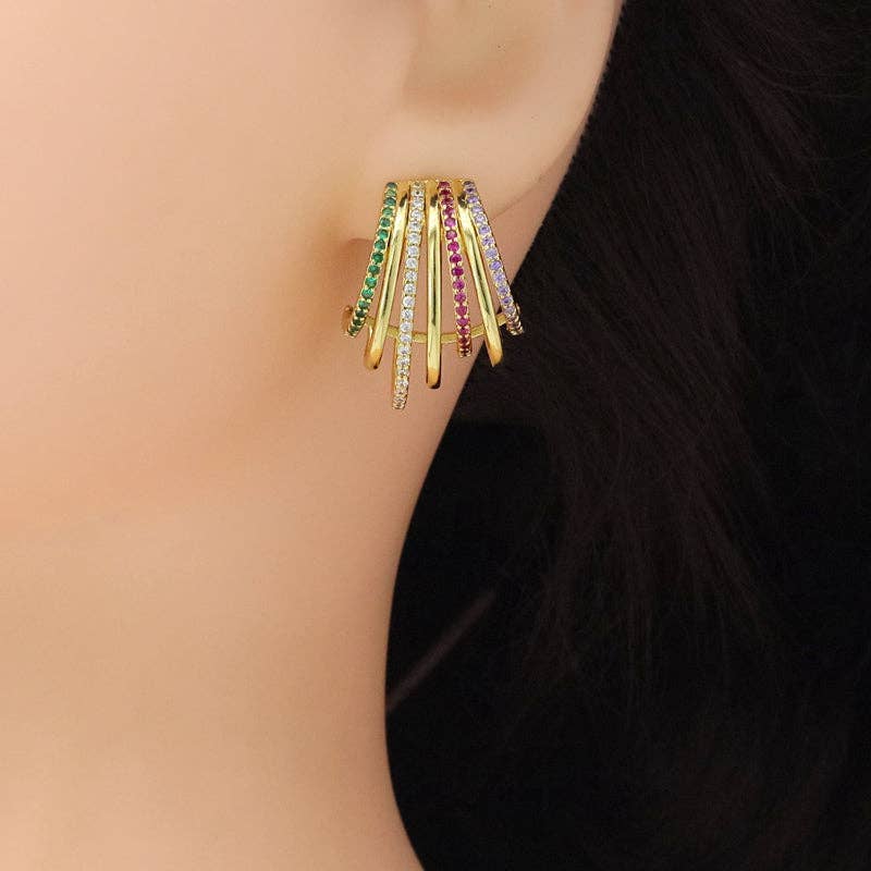 Clear Colorful CZ Multiline Claw Shape Earrings, Sku#A393