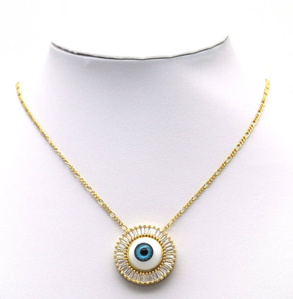 Baguette CZ Enamel Evil Eye On Round Flower Charm, Sku#L669