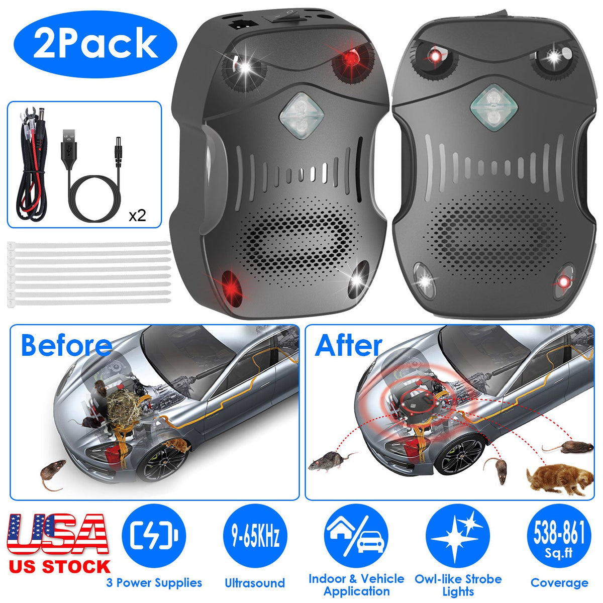 Under Hood Ultrasonic Rodent Repeller for Vehicle 2 Pack