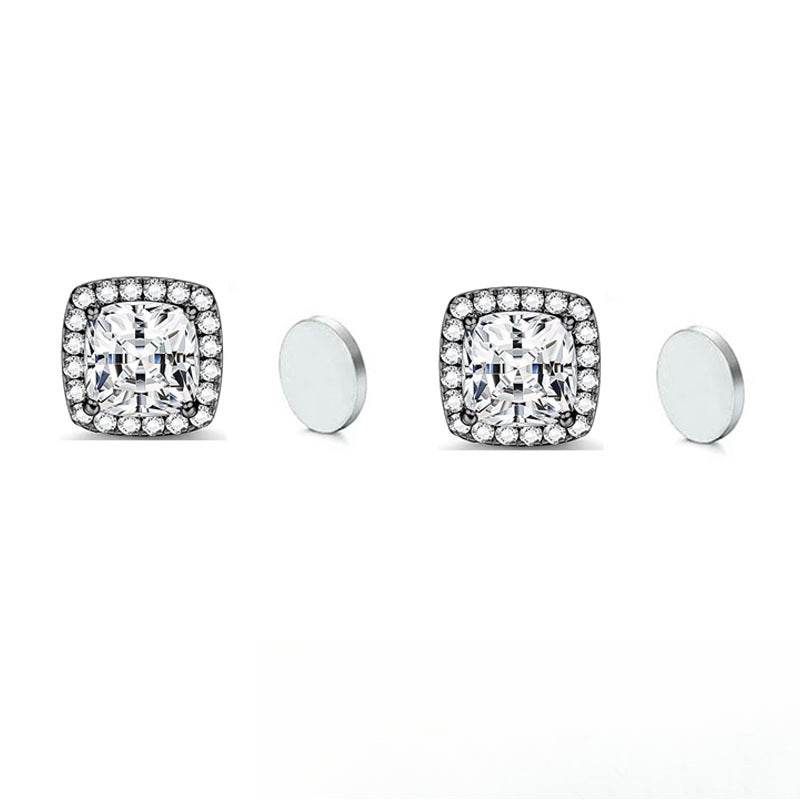 Magnetic CZ Square Halo Stud Earrings for Men Women, Non-Piercing Clip On Studs, Square Cubic Zirconia Stainless Steel