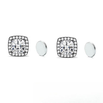 Magnetic CZ Square Halo Stud Earrings for Men Women, Non-Piercing Clip On Studs, Square Cubic Zirconia Stainless Steel