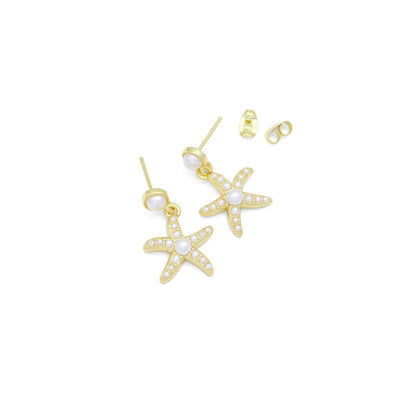 White Pearl Gold Bowknot Star Fish Stud Earring,Sku#LD747