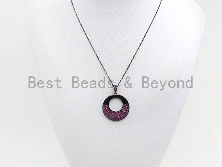 Colored CZ Micro Pave Round Hollow out Pendant, Fuchsia/Black/Cobalt CZ Pave pendant, Frame Shape Pendant, 30x40mm, sku#X101