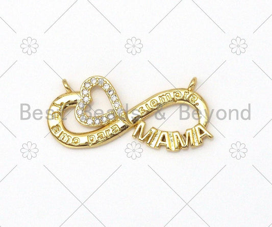 CZ Micro Pave Heart and MAMA On Infinity Shape Pendant,18K Gold Filled CZ Charm, Mother's Day Necklace Bracelet Charm,31x14mm,Sku#LK389