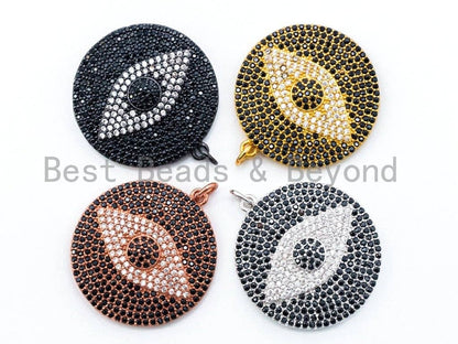 CZ Micro Pave Black Evil Eye on Disc Round Charm/Pendant, Black CZ in Black/Gold/Silver Finish, 40mm,Sku#L3