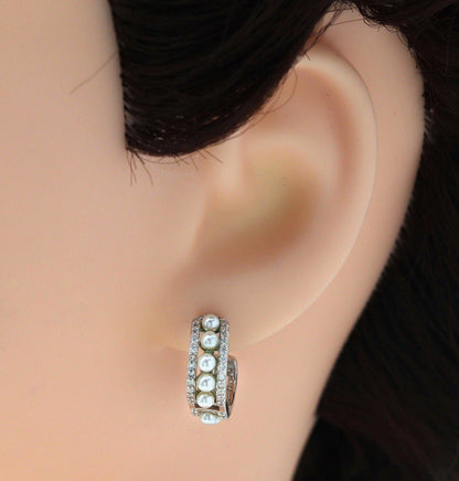 CZ Pearl Huggie Earrings, Sku#B177