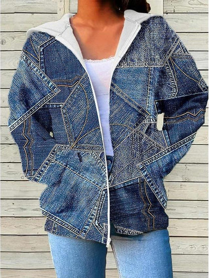 Womens Fashionable Casual Printed Zip-Up Hoodie