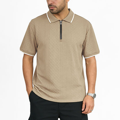 Mens Jacquard Loose-Fit Short-Sleeve Zip-Up Polo Shirt