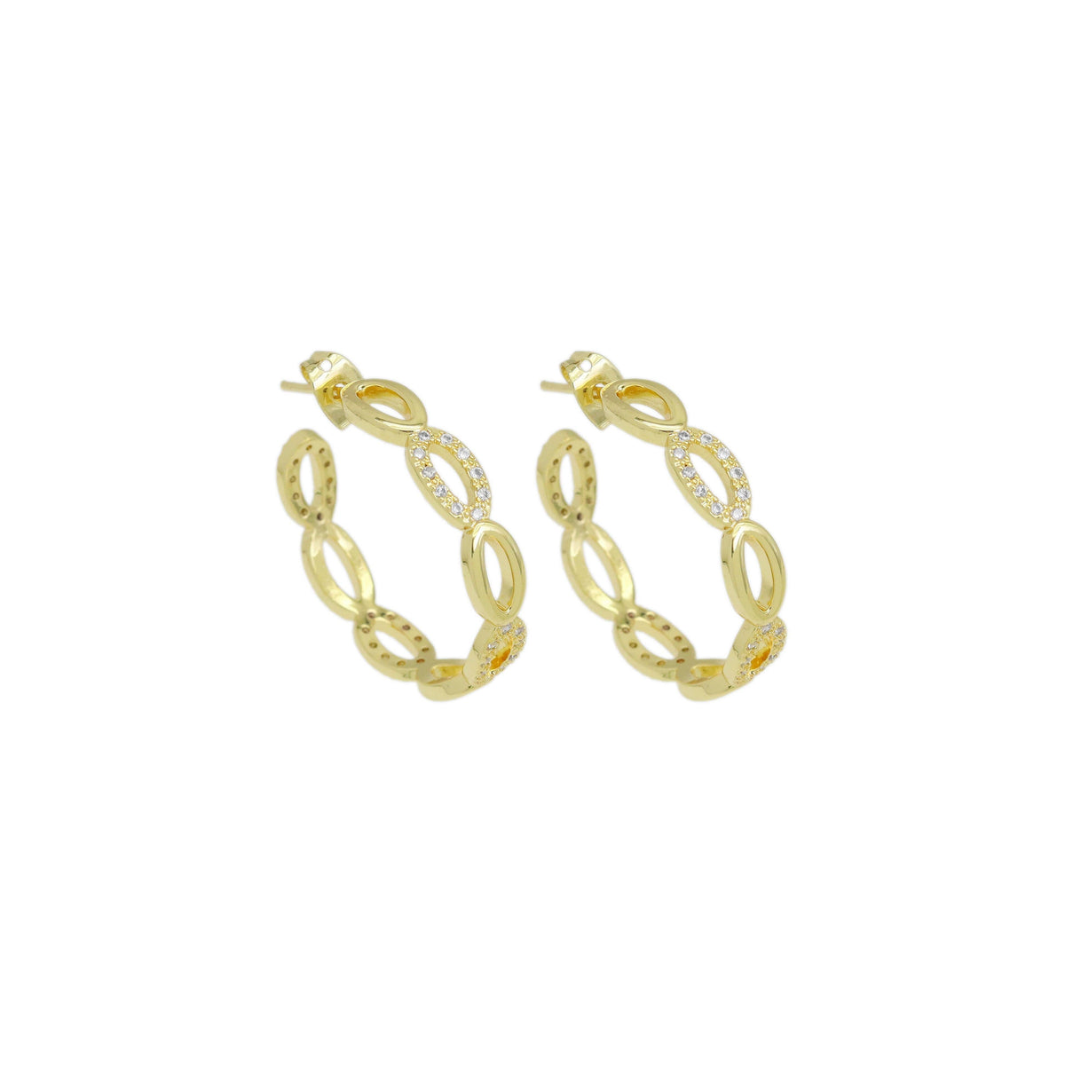Clear CZ Gold Oval Link Hoop Earrings, Sku#LD526