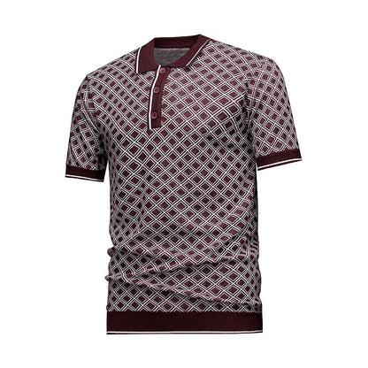 Men's Short Sleeve Knit Polo Shirt, Burgundy Diamond Geometric Jacquard, Smart Casual Retro Style, Breathable Knitted Top