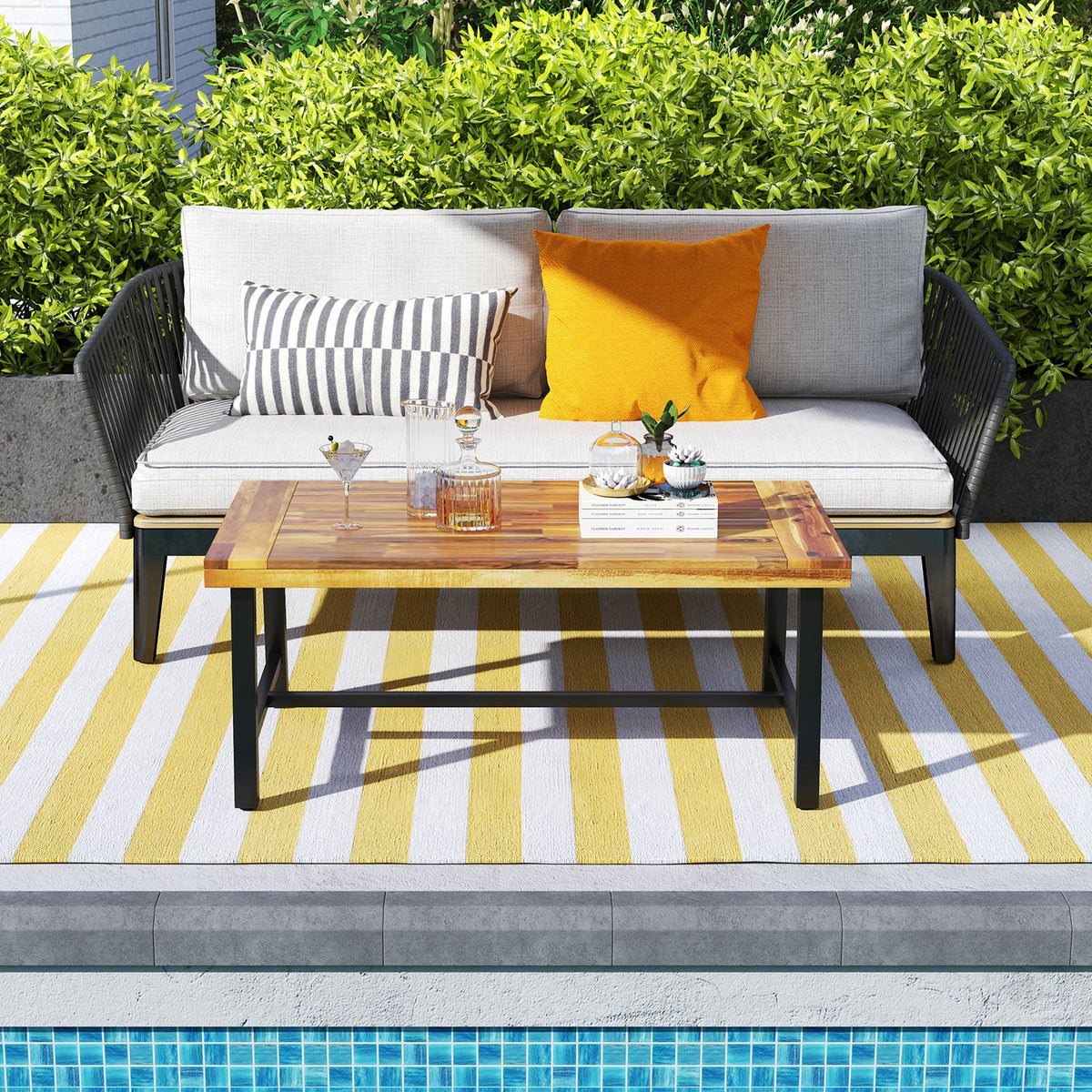 Acacia Wood Coffee Table with Thickened Top and Heavy-duty Metal Legs