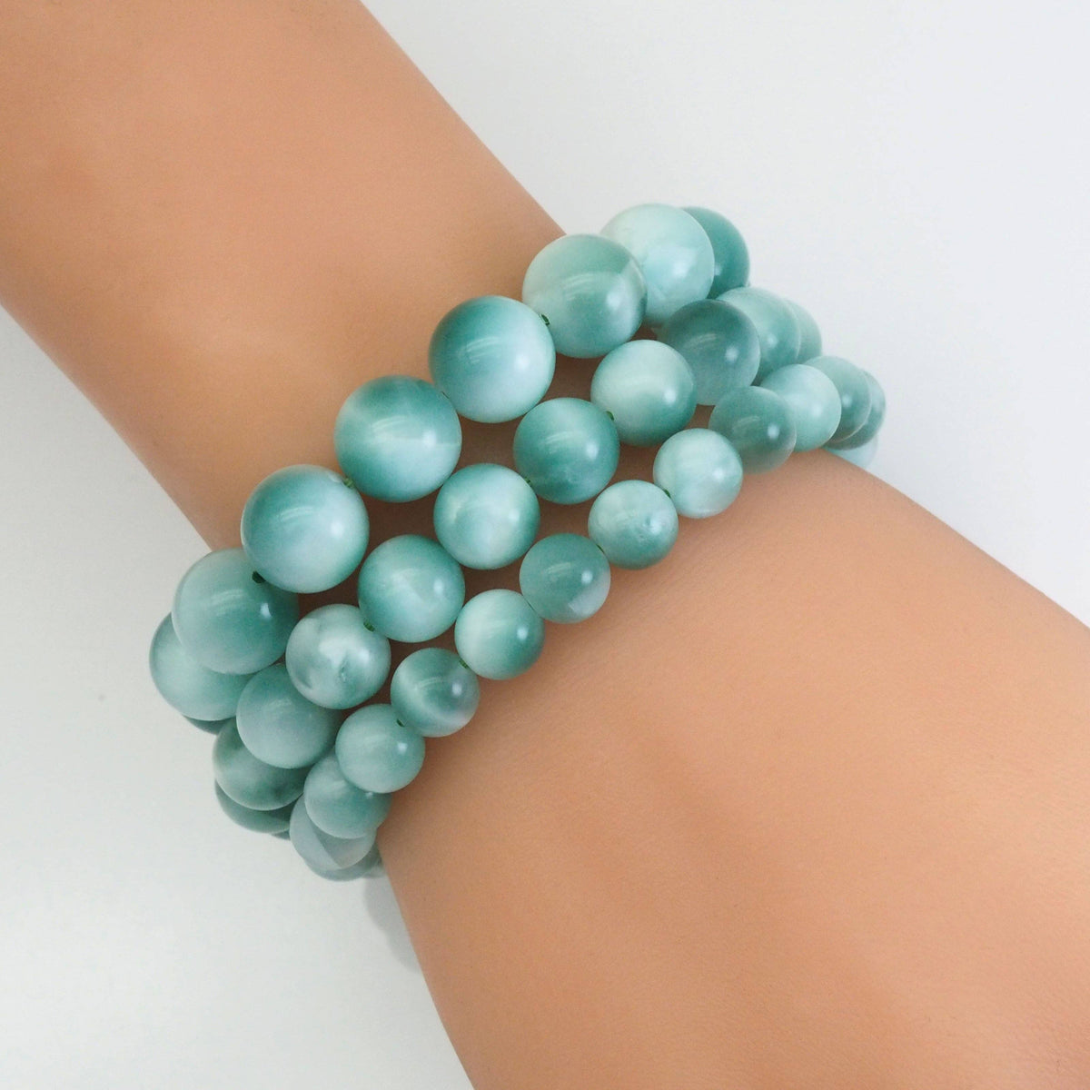 Genuine Cat's Eye Angelite Round Smooth Stretchy Bracelet