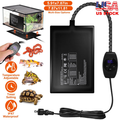 Electric Reptile Heating Pad With 32-122°F Temperature Adjustment IPX7 Waterproof Timer Setting Under Tank Heating Mat for Lizards Turtles Snake Spide