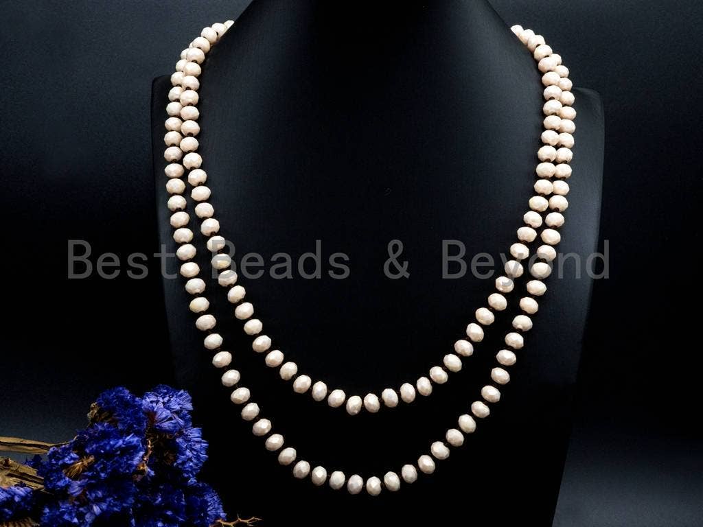 60 inches/36inches Hand-Knotted Beige Crystal Necklace, D5